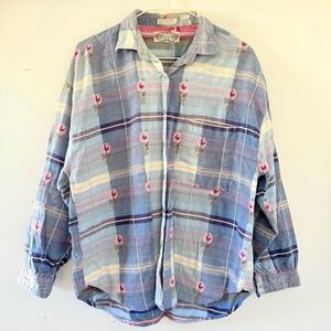 Vintage 1990 Angelique Imports Embroidered Plaid Blouse Cottagecore Folk Boho